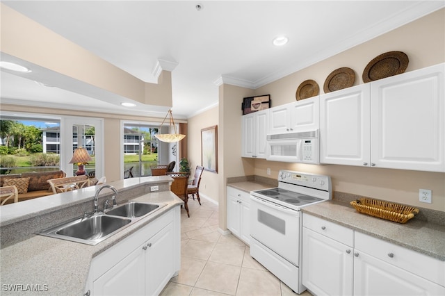 kitchen featuring sink, hanging light fixtures, ornamental molding, white appliances, and white cabinets