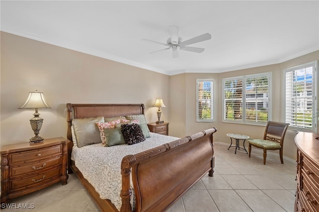 tiled bedroom with crown molding and ceiling fan