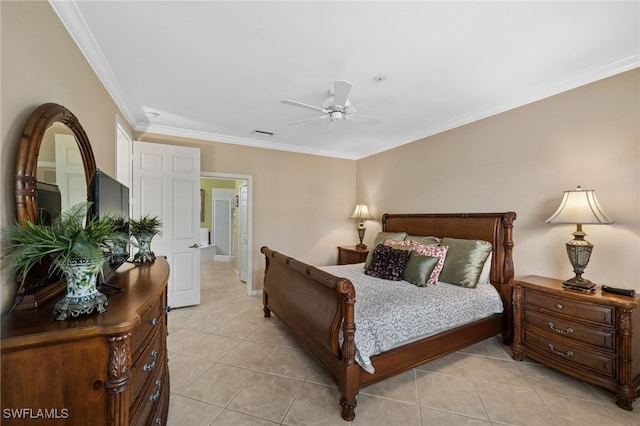 tiled bedroom featuring crown molding and ceiling fan