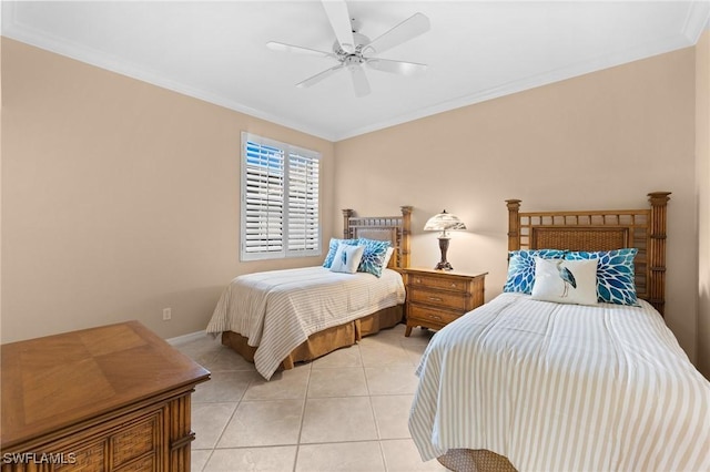 tiled bedroom with crown molding and ceiling fan