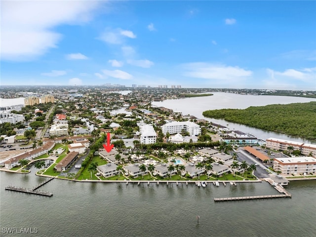 aerial view featuring a water view