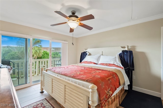 bedroom with ceiling fan, ornamental molding, light hardwood / wood-style floors, and access to exterior