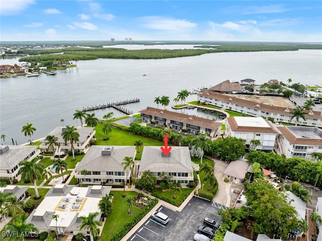 aerial view featuring a water view