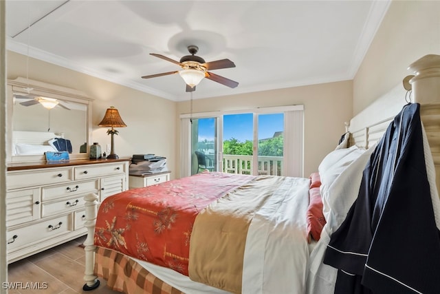 bedroom with ceiling fan, light hardwood / wood-style flooring, crown molding, and access to outside