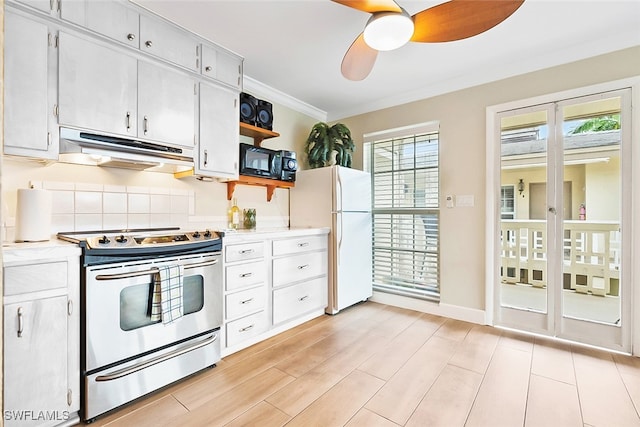 kitchen with white cabinetry, white refrigerator, crown molding, ceiling fan, and electric range