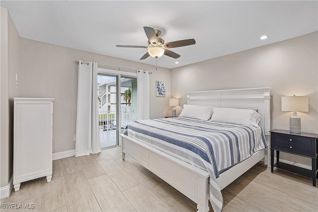 bedroom with light wood-type flooring, access to outside, and ceiling fan