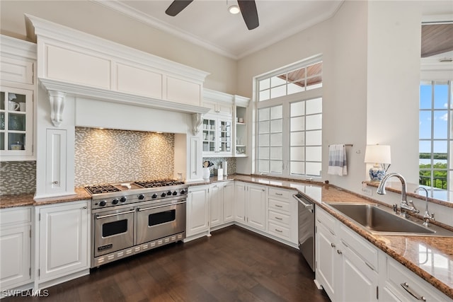 kitchen featuring dark wood-type flooring, appliances with stainless steel finishes, sink, and white cabinets