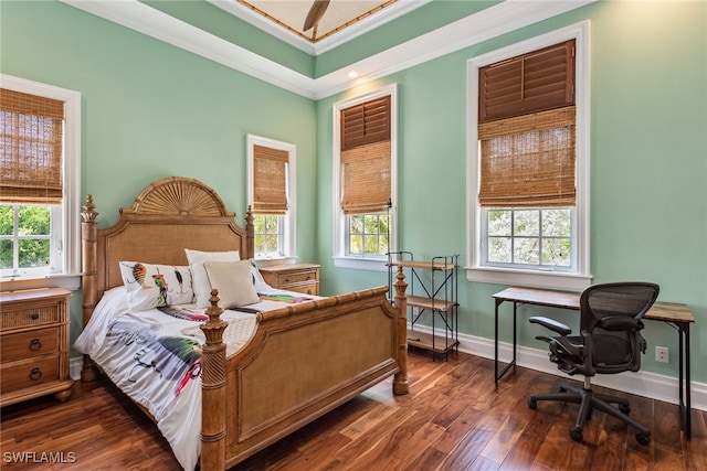 bedroom with dark wood-type flooring, ceiling fan, and crown molding