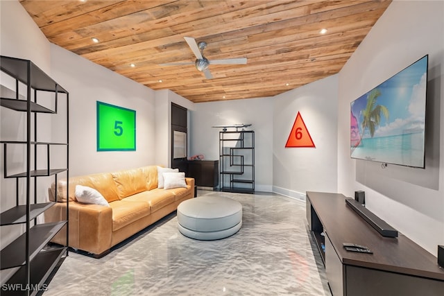 living room featuring wood ceiling and ceiling fan