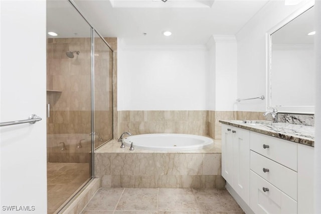 1035 Sandpiper St Unit F101, Naples, FL 34102 - bathroom featuring a bath, a shower stall, vanity, ornamental molding, and recessed lighting