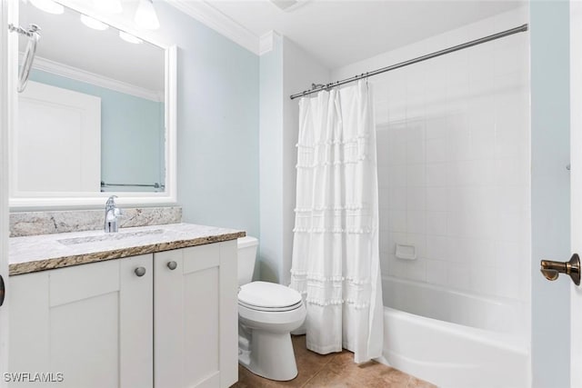 full bathroom with shower / tub combo with curtain, crown molding, toilet, vanity, and tile patterned floors