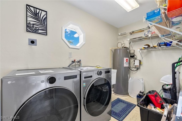 laundry area featuring electric water heater and washer and dryer