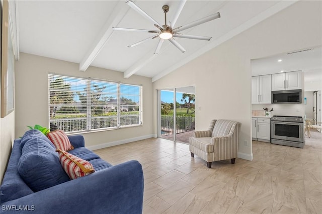 living room featuring ceiling fan, beam ceiling, and high vaulted ceiling