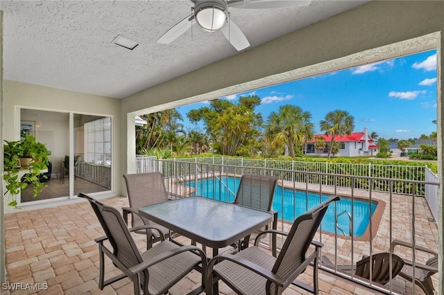 view of patio / terrace featuring a fenced in pool and ceiling fan