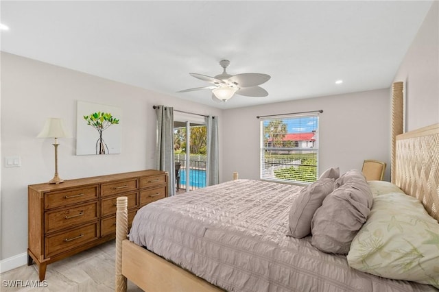 bedroom featuring access to outside and ceiling fan