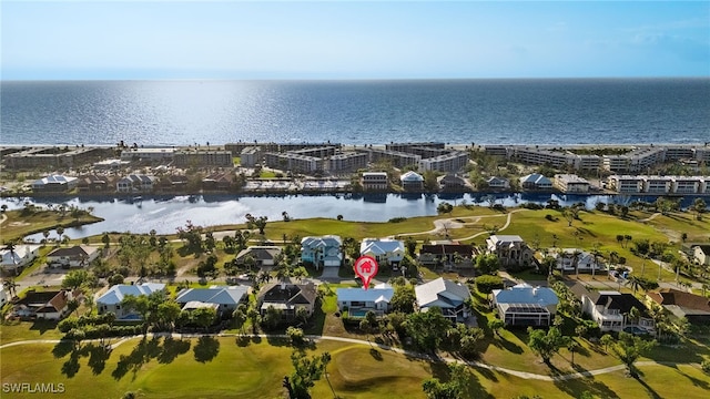 drone / aerial view featuring a water view