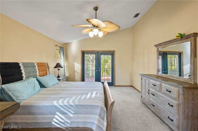 bedroom with access to outside, french doors, vaulted ceiling, ceiling fan, and light colored carpet