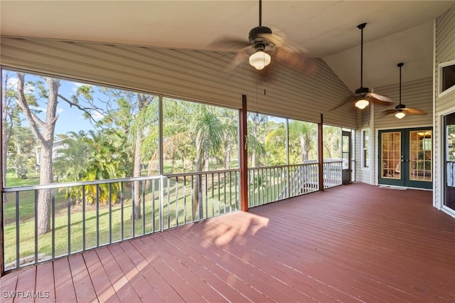 10610 Habitat Trl, Bokeelia, FL 33922 - unfurnished sunroom featuring french doors, a ceiling fan, and lofted ceiling