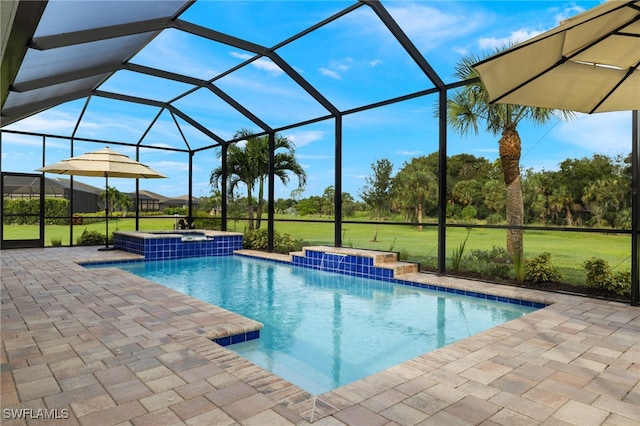 view of swimming pool with glass enclosure, an in ground hot tub, a patio area, and a yard