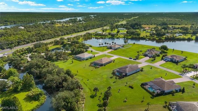 drone / aerial view featuring a water view