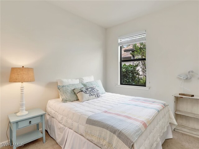 bedroom featuring light colored carpet