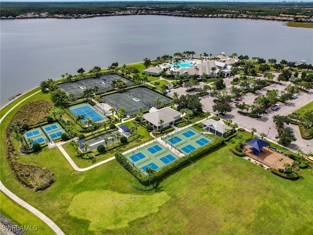 drone / aerial view featuring a water view