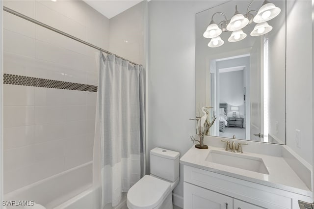 full bathroom with shower / tub combo, a chandelier, vanity, and toilet