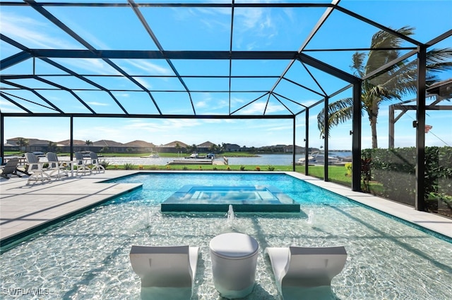 view of swimming pool with a lanai, a patio, and a water view