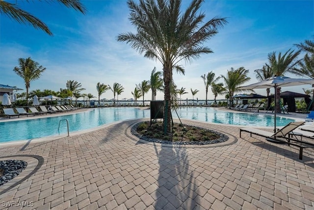 view of swimming pool featuring a patio area