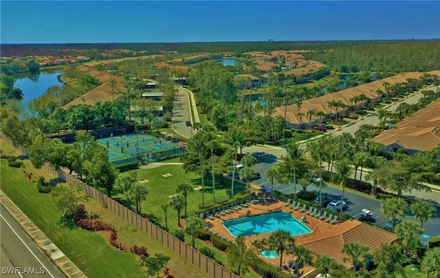 aerial view featuring a water view