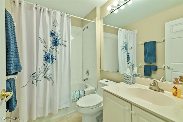 full bathroom featuring vanity, toilet, shower / bathtub combination with curtain, and tile patterned floors