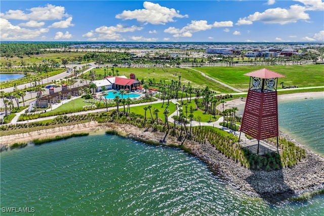 bird's eye view with a water view