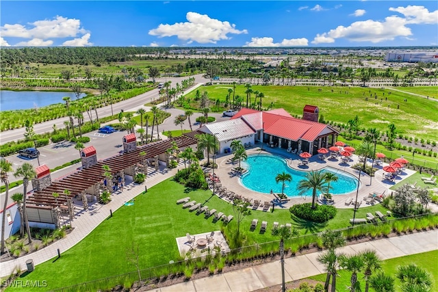 aerial view featuring a water view