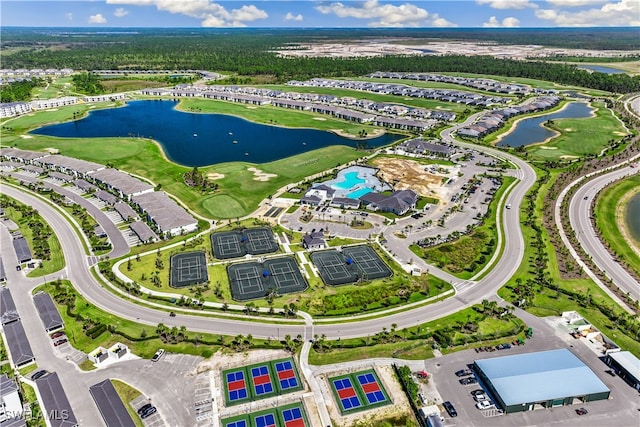 birds eye view of property featuring a water view