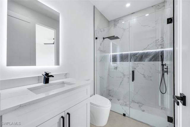 full bathroom with toilet, a marble finish shower, vanity, and recessed lighting