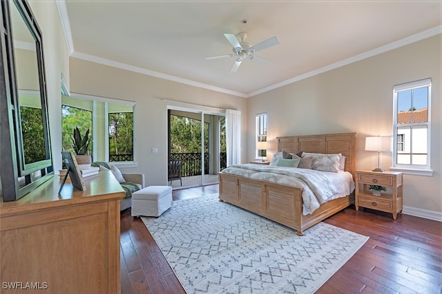 bedroom featuring ceiling fan, access to outside, dark hardwood / wood-style flooring, and ornamental molding