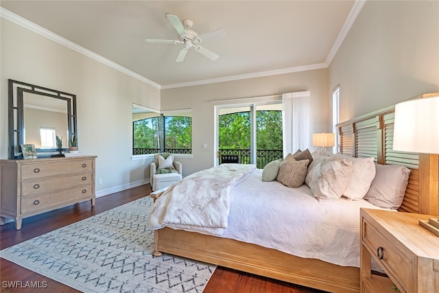 bedroom with ceiling fan, crown molding, dark hardwood / wood-style flooring, and access to exterior