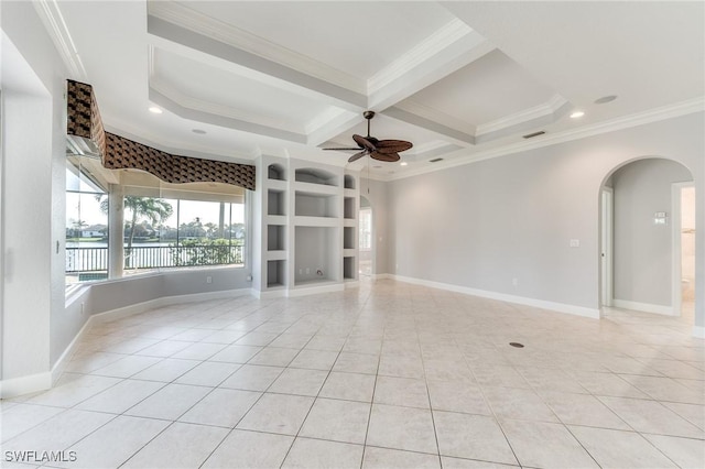 unfurnished living room with light tile patterned flooring, coffered ceiling, crown molding, ceiling fan, and beam ceiling