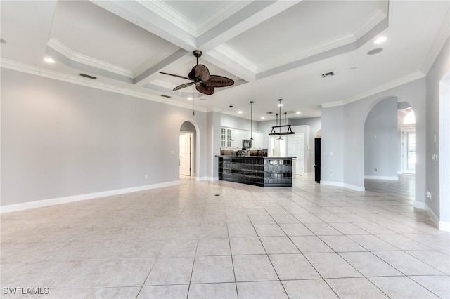 unfurnished living room featuring coffered ceiling, beam ceiling, ornamental molding, and ceiling fan