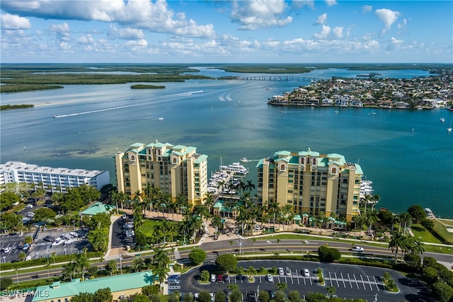 drone / aerial view with a water view