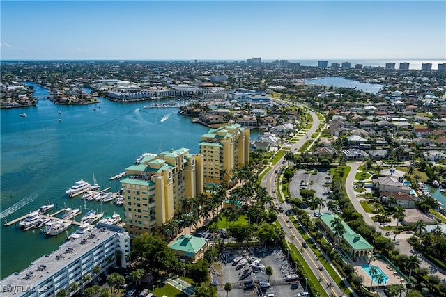 bird's eye view with a water view