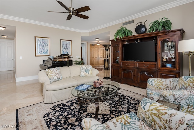 living room with ornamental molding and ceiling fan