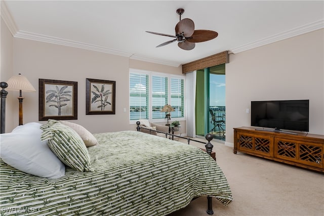 carpeted bedroom with access to outside, crown molding, and ceiling fan