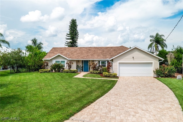 single story home featuring a garage and a front lawn