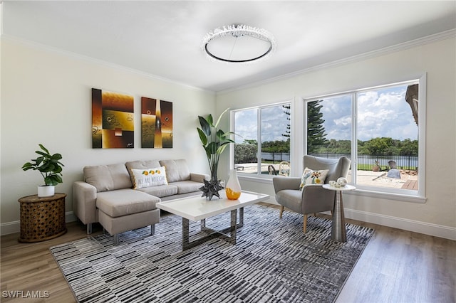 living room with hardwood / wood-style flooring, ornamental molding, and a wealth of natural light