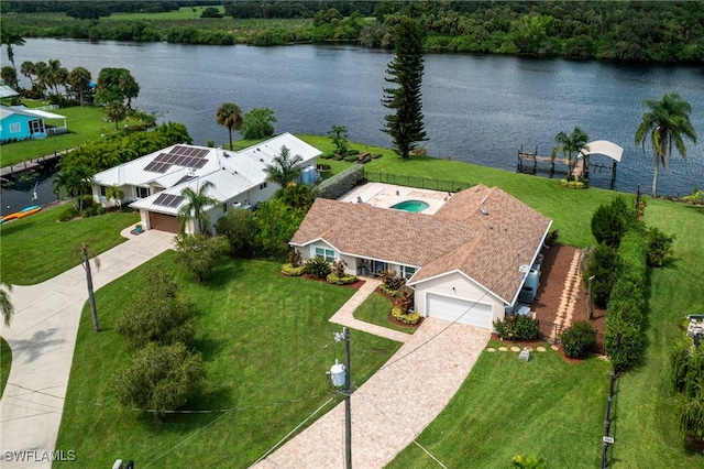 aerial view featuring a water view