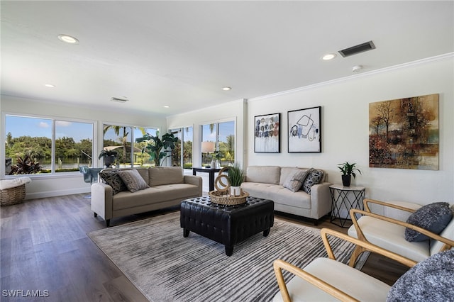 living room featuring ornamental molding and wood-type flooring