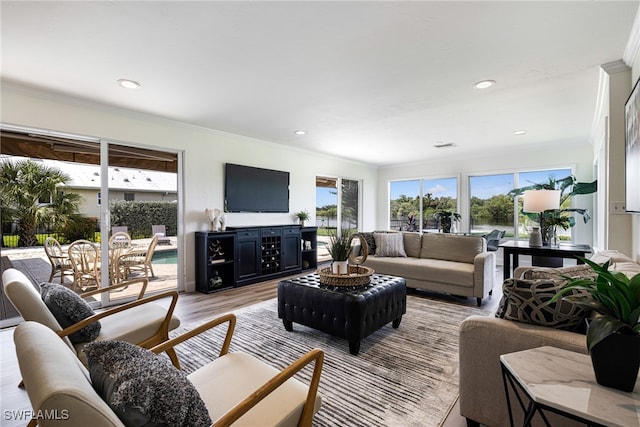 2110 Sebastian Ct, Alva, FL 33920 - living area with ornamental molding, light wood finished floors, and recessed lighting