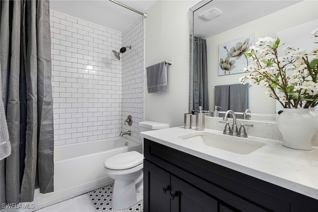 full bathroom featuring shower / bath combination with curtain, vanity, and toilet