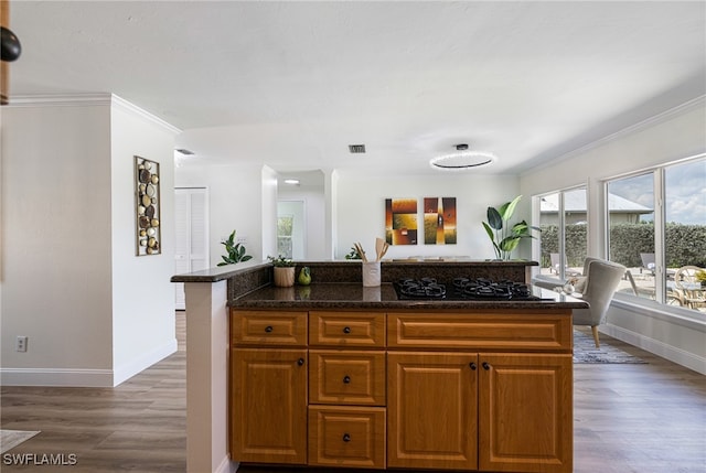 kitchen featuring black gas stovetop, crown molding, dark stone countertops, and dark hardwood / wood-style floors